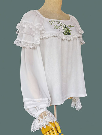 Camicette Lolita classiche Lolita Top Infanta Camicia Lolita con stampa floreale ricamata in pizzo bianco a maniche lunghe