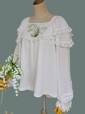 Camicette Lolita classiche Lolita Top Infanta Camicia Lolita con stampa floreale ricamata in pizzo bianco a maniche lunghe