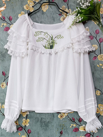 Bianco Camicette Lolita classiche Lolita Top Infanta Camicia Lolita con stampa floreale ricamata in pizzo bianco a maniche lunghe