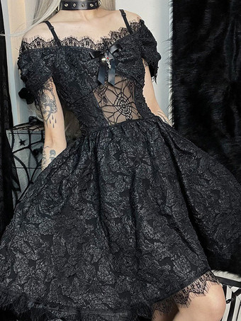 Gothic-Lolita-Kleider Spitze Spinne hohl eine Schulter dunkles Kreuz hohe Taille Spitzen-Jacquard-Rock