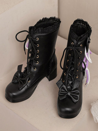 Sweet Lolita Boots PU Leather Bows Ruffles Round Toe White Lolita Footwear