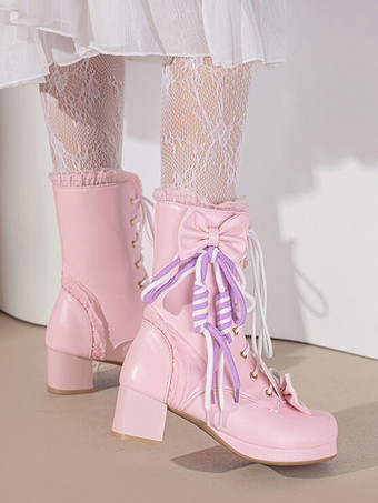 Sweet Lolita Boots PU Leather Bows Ruffles Round Toe White Lolita Footwear