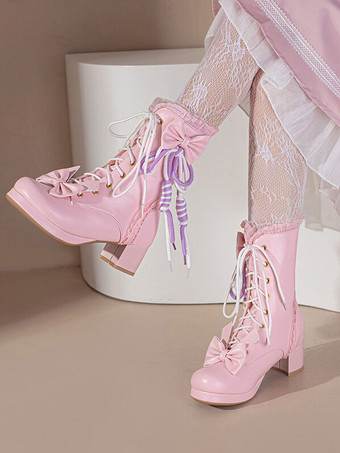 PinkSweet Lolita Boots PU Leather Bows Ruffles Round Toe White Lolita Footwear