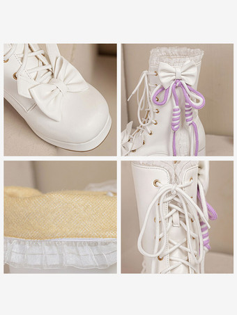 Sweet Lolita Boots PU Leather Bows Ruffles Round Toe White Lolita Footwear