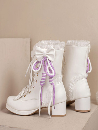 Sweet Lolita Boots PU Leather Bows Ruffles Round Toe White Lolita Footwear