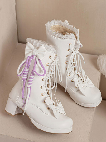 Sweet Lolita Boots PU Leather Bows Ruffles Round Toe White Lolita Footwear