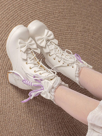 Sweet Lolita Boots PU Leather Bows Ruffles Round Toe White Lolita Footwear
