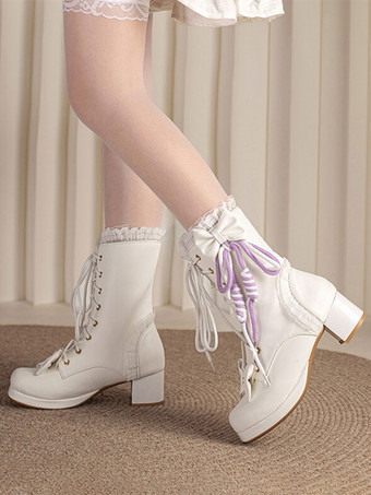 White Sweet Lolita Boots PU Leather Bows Ruffles Round Toe White Lolita Footwear