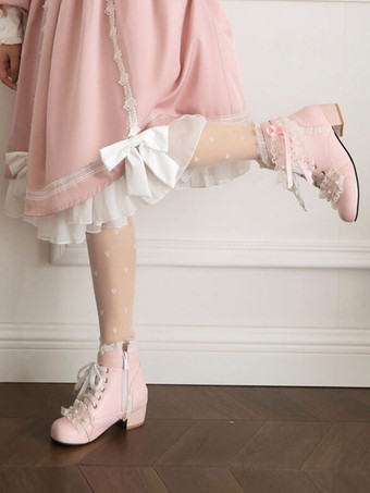 甘いロリータ ブーツ PU レザー パール レース ラウンド トゥ ホワイト ロリータ シューズ
