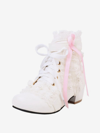 甘いロリータ ブーツ PU レザー パール レース ラウンド トゥ ホワイト ロリータ シューズ