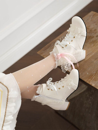 甘いロリータ ブーツ PU レザー パール レース ラウンド トゥ ホワイト ロリータ シューズ