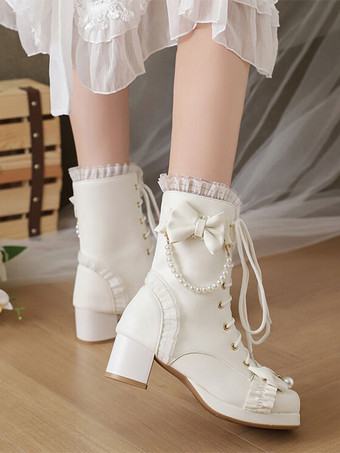 甘いロリータ ブーツ PU レザー フリル パール ラウンド トゥ ブラック ロリータ シューズ