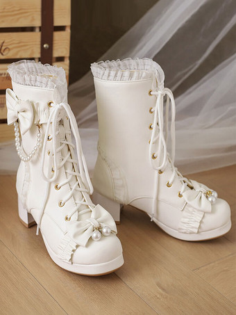 甘いロリータ ブーツ PU レザー フリル パール ラウンド トゥ ブラック ロリータ シューズ