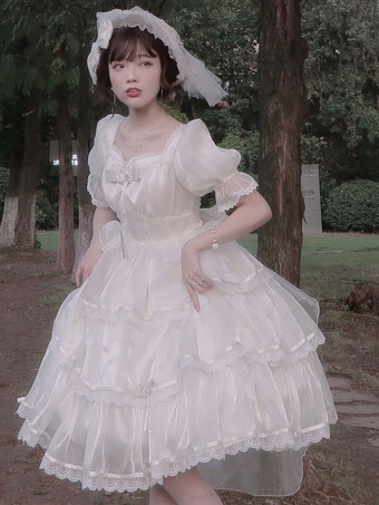 ロリータドレス ポリエステル 半袖ドレス リボン付き スウィート