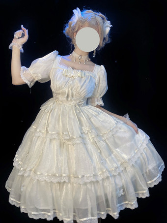 アイボリー ロリータドレス ポリエステル 半袖ドレス リボン付き スウィート