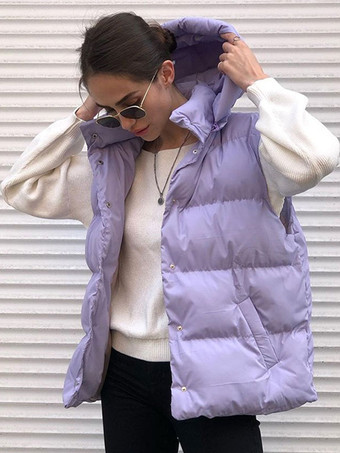 violet Doudoune Gilet D'hiver Violet Col Montant Sans Manches Décontracté Épaissir Manteau
