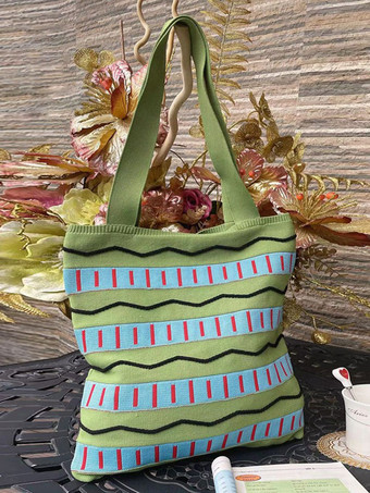 グリーン クリスマス レディース バッグ ライト アプリコット ポリ/コットン ブレンド かぎ針編み ストライプ ダブル ハンドル ストラップ 縦型バッグ