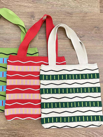 クリスマス レディース バッグ ライト アプリコット ポリ/コットン ブレンド かぎ針編み ストライプ ダブル ハンドル ストラップ 縦型バッグ