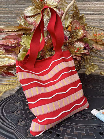 レッド クリスマス レディース バッグ ライト アプリコット ポリ/コットン ブレンド かぎ針編み ストライプ ダブル ハンドル ストラップ 縦型バッグ