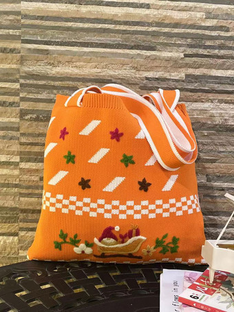 Women's Bags Green Poly/Cotton Blend Crochet Printed Double Handle Straps Christmas Bags