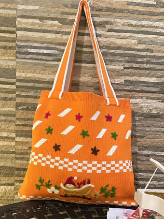 YellowWomen's Bags Green Poly/Cotton Blend Crochet Printed Double Handle Straps Christmas Bags