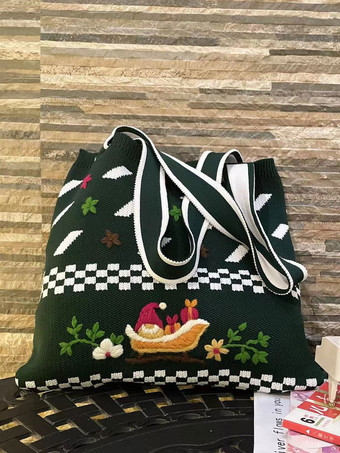 Women's Bags Green Poly/Cotton Blend Crochet Printed Double Handle Straps Christmas Bags