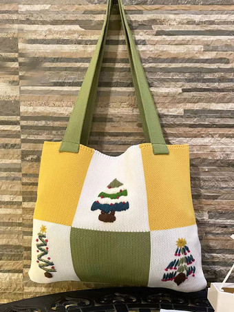 Women's Bags Green Poly/Cotton Blend Double Handle Straps Printed Crochet Christmas Bags