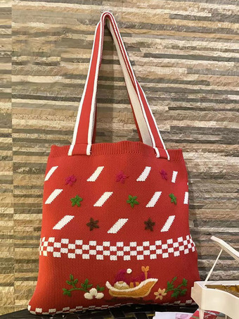 Red Women's Bags Green Poly/Cotton Blend Crochet Printed Double Handle Straps Christmas Bags