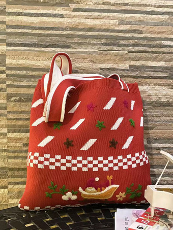 Women's Bags Green Poly/Cotton Blend Crochet Printed Double Handle Straps Christmas Bags