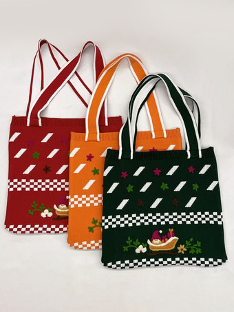 Women's Bags Green Poly/Cotton Blend Crochet Printed Double Handle Straps Christmas Bags