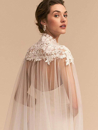 ウェディングラップ アイボリー ハイカラー マント チュール レース ブライダルカバーアップ