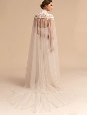 ウェディングラップ アイボリー ハイカラー マント チュール レース ブライダルカバーアップ