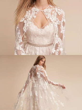 結婚式のラップ アイボリー ジュエル ネック マント レース レース ブライダル カバーアップ