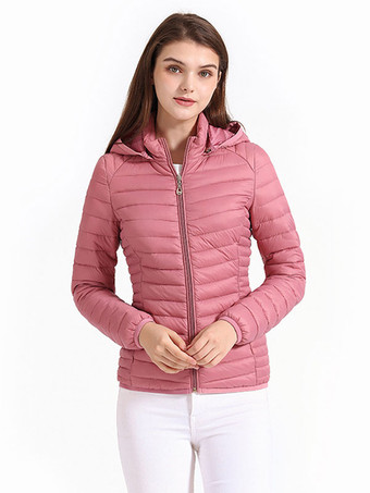 Puffer Coats Pink Hooded Cotton Winter Warm Outerwear For Women