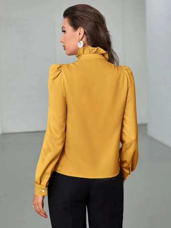 女性のためのブラウス ゴールド ポリエステル ハイカラー カジュアル ボタン カスケード フリル 長袖 トップス