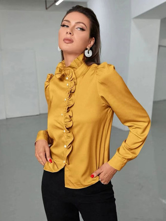 Bluse für Damen  Gold  Polyester  hoher Kragen  lässige Knöpfe  Rüschen  lange Ärmel  Oberteile