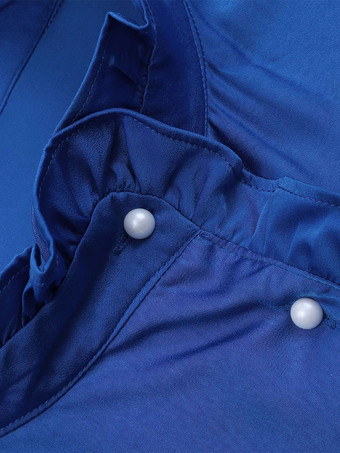 女性のためのブラウス ゴールド ポリエステル ハイカラー カジュアル ボタン カスケード フリル 長袖 トップス