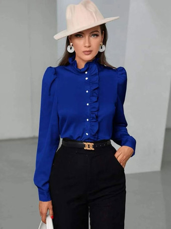 ブルー 女性のためのブラウス ゴールド ポリエステル ハイカラー カジュアル ボタン カスケード フリル 長袖 トップス