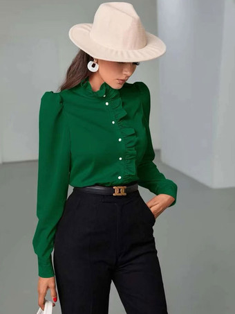 グリーン 女性のためのブラウス ゴールド ポリエステル ハイカラー カジュアル ボタン カスケード フリル 長袖 トップス