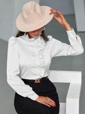 ホワイト 女性のためのブラウス ゴールド ポリエステル ハイカラー カジュアル ボタン カスケード フリル 長袖 トップス