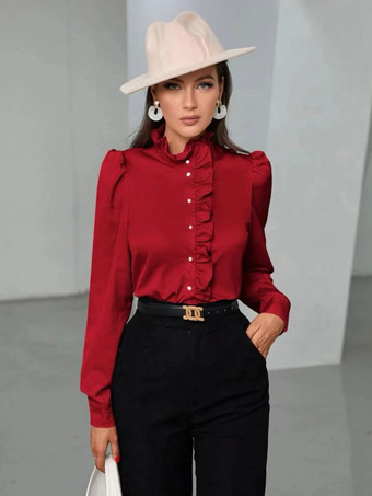 レッド 女性のためのブラウス ゴールド ポリエステル ハイカラー カジュアル ボタン カスケード フリル 長袖 トップス