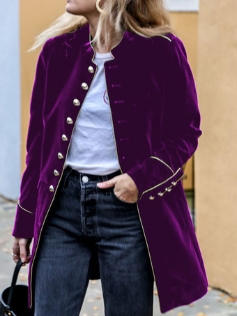 violet Veste Femme Boutons Velours Manteau Chaud d'Hiver