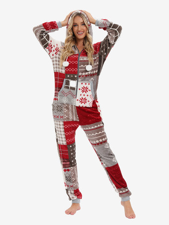 Home Wear Hooded Long Sleeves Christmas Pattern Flannel Winter Warm Loungewear