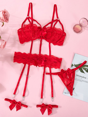 クリスマス ランジェリー ブラジャー 女性用 ブラジャー レッド ポリエステル レースアップ 2ピース