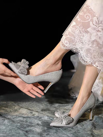 女性のウェディング シューズ スパンコール シルバー ポインテッドトゥ ラインストーン ボウ スティレットヒール パーティー シューズ
