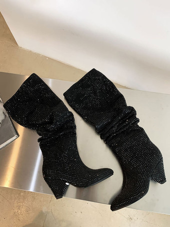 ブラック ニーハイブーツ レディース ラインストーン PUレザー コーンヒール 膝丈ブーツ