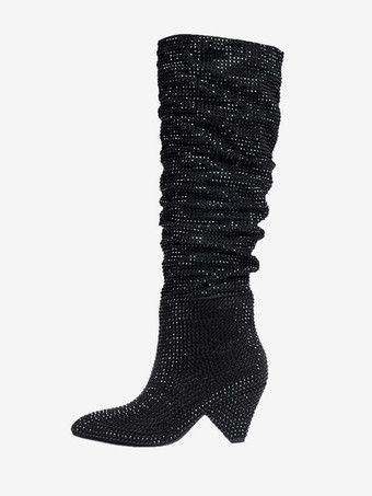 Black Knee High Boots Women Rhinestones PU Leather Cone Heel Knee Length Boots