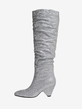 シルバー ブラック ニーハイブーツ レディース ラインストーン PUレザー コーンヒール 膝丈ブーツ