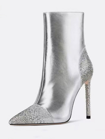 Silver Ankle Boots Rhinestones Pointed Toe Stiletto Heel Booties For Women