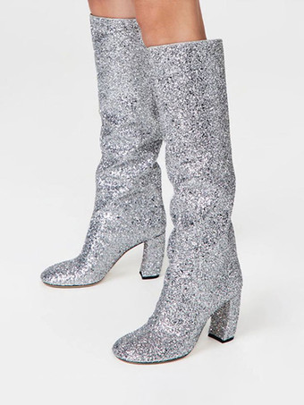 Women's Slouch Boots Silver Sequins Squared Toe Chunky Heel Knee-High Boots